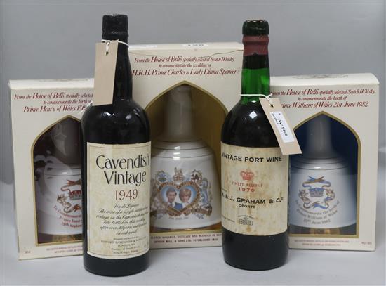 Cavendish Vintage 1949 Vin de Liqueur, Grahams Vintage Port Finest Reserve 1970 and three Bells Whisky decanters (5)